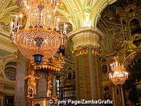 Peter and Paul Cathedral with pink and green Corinthian columns and chandeliers