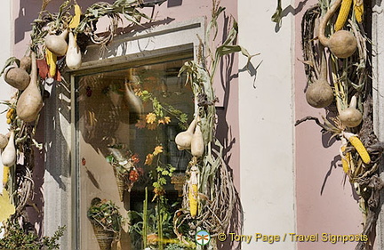 Melons and gourds decorate this shop entrance