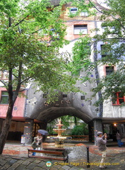 Fountain and archway of Hundertwasserhaus