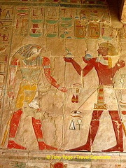 Chapel of Anubis - Tuthmosis III making offerings to the sun god Ra-Harakhty
[Temple of Hatshepsut - Deir al-Bahri - Nile River