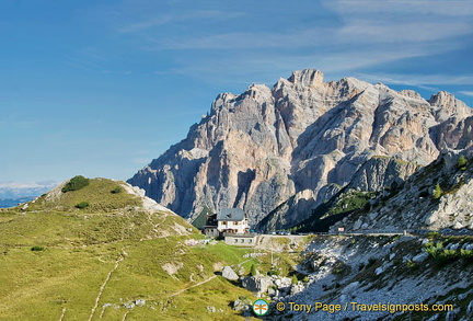 The Rifugio Valparola with views of the Marmolada