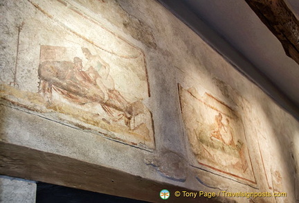 Erotic frescoes in the Lupanar, the famous Pompeii brothel