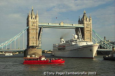 Tower Bridge open to allow cruise ship through