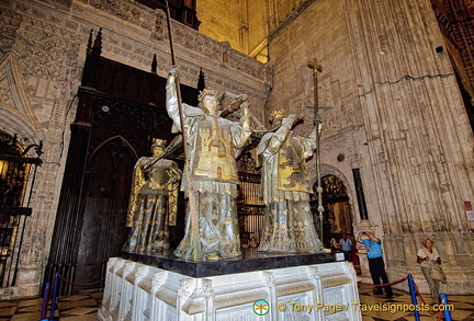 Christopher Columbus' coffin is carried by bearers representing the kingdoms of Castile, Aragon, Leon and Navarra