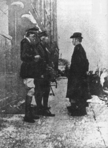 Rebel leader Padraig Pearse surrendering to General Lowe in 1916, just days after the rising started. The disembodied feet on the bottom right belong to Elizabeth O'Farrell, who was edited out of the photo so a woman wouldn't be seen to be involved.